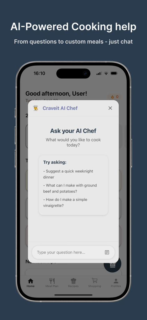 Craveit AI - Meal Planner - Craveit AI mobile app screen showing the interactive AI Chef chat for recipe suggestions and cooking help
