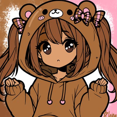 cute anime girl with ponytails and a cute bear hoodie
