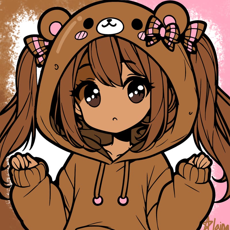 cute anime girl with ponytails and a cute bear hoodie