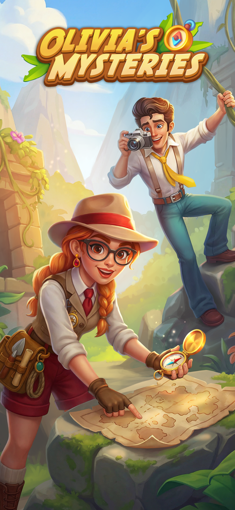 Olivia's Mysteries - Olivia looking at a treasure map in a jungle adventure scene