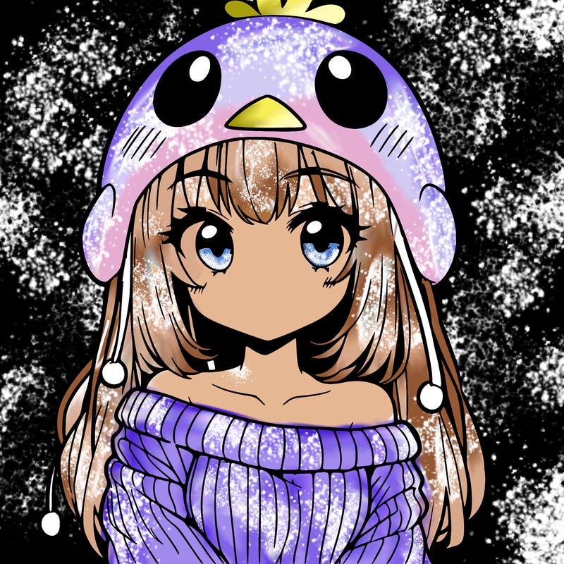 anime girl with chick shaped hat with sweater with bare shoulders with bangs covering them one eye with low tail