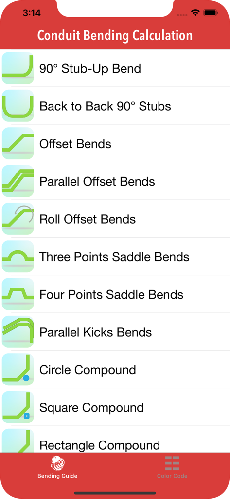 Base Electrician Tools - List of conduit bending calculation options in the Base Electrician Tools mobile app
