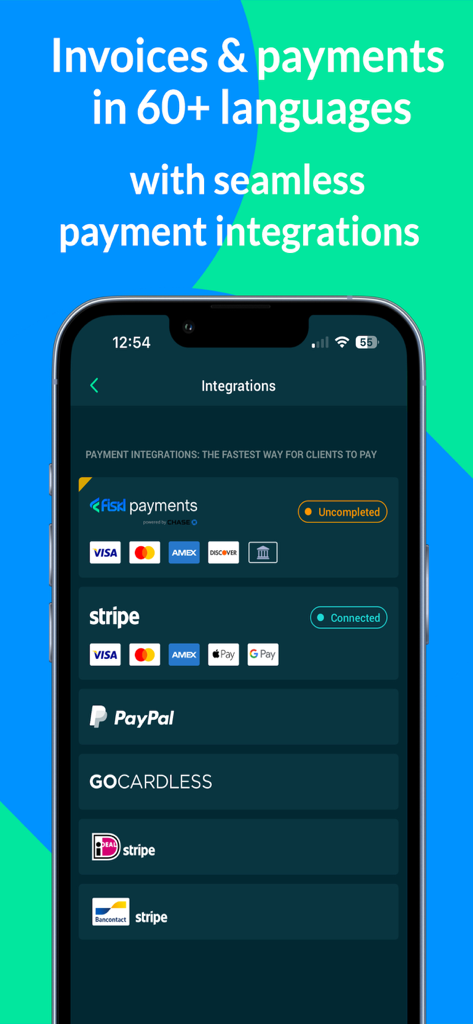 Interfaccia dell'app Fiskl che visualizza varie integrazioni di pagamento come Stripe e PayPal per la fatturazione di piccole imprese.