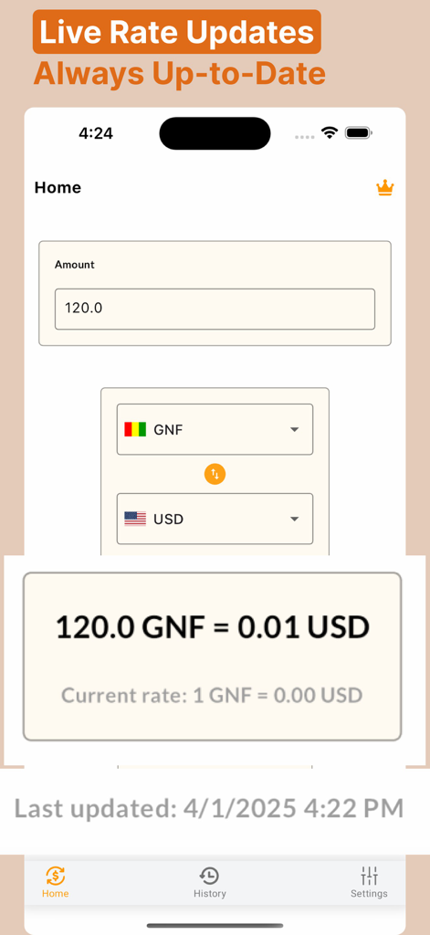 FlipRate App-Bildschirm zeigt eine Live-Währungsumrechnung von GNF in USD mit aktuellen Wechselkursen