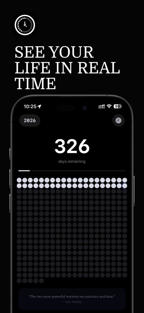 TimeDot: Year & Life Progress - TimeDot app interface showing 326 days remaining in the year with a minimalist dot grid.