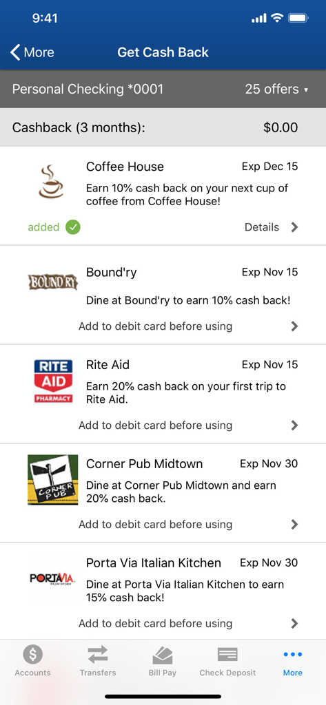 Interface do aplicativo bancário móvel Heritage Bank mostrando uma lista de ofertas de cashback para comerciantes locais como Coffee House e Rite Aid.