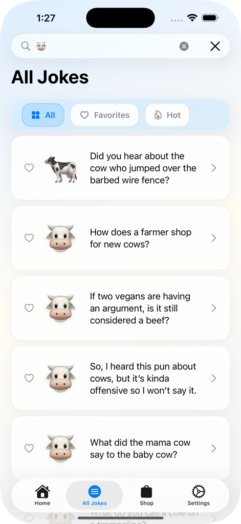 #DadJokes - DadJokesアプリのスクリーンショット。牛をテーマにしたジョークやダジャレの検索可能なリストが絵文字アイコンとともに表示されています。