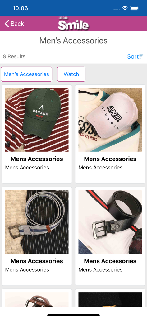 A mobile app screen showing a catalog of men's accessories including caps and belts.