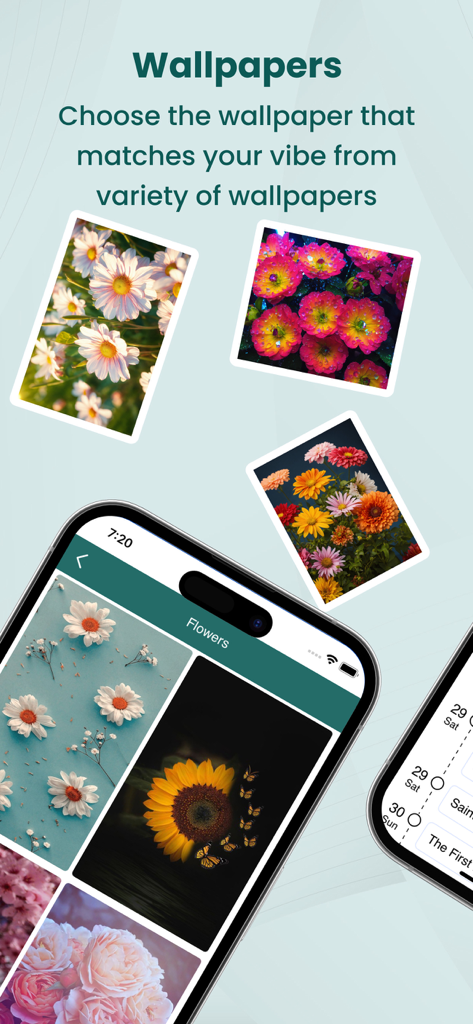 Catholic Bible app screen showing various floral wallpaper options for customization