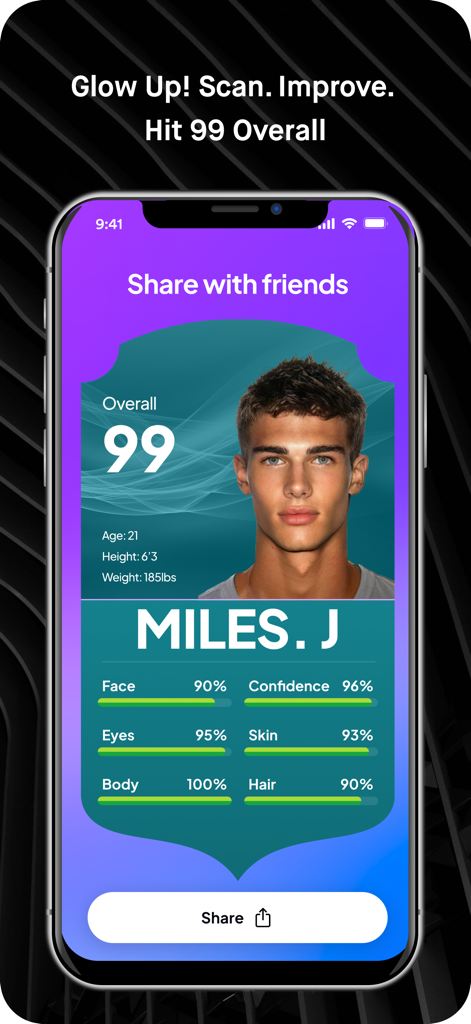 YouGlow: AI Glow-Up Coach - A smartphone displaying the YouGlow app user profile with an AI-calculated 99 overall glow-up score and individual feature ratings.