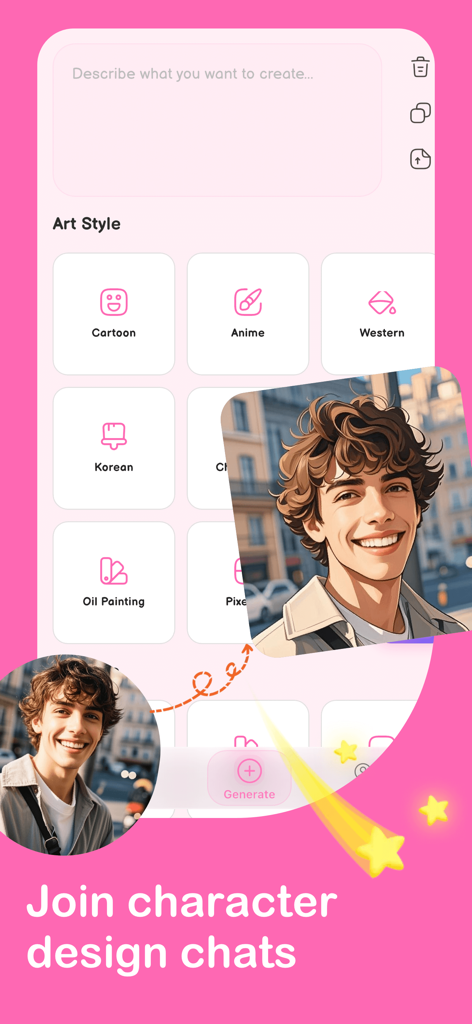 Interface do aplicativo Halyr mostrando vários estilos de arte e um retrato de anime gerado por IA de um homem sorridente.