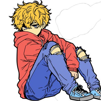a male hoddie ripped jeans messy hair anime
