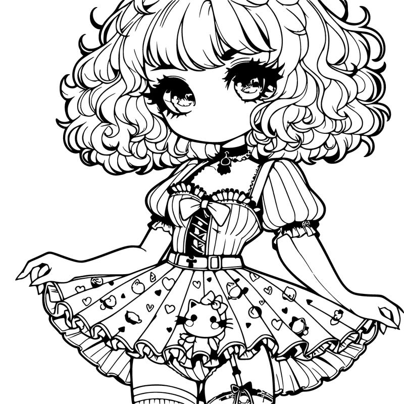 female with an hourglass waist,short fluffy and curly hair and sweet soft eyes with fluffy lashes, and a soft smile with lipstick,wearing a ruffled corset a cute short kawaii overall skirt with a hello kitty pattern and mismatch heart and stripe socks and doll platform shoes