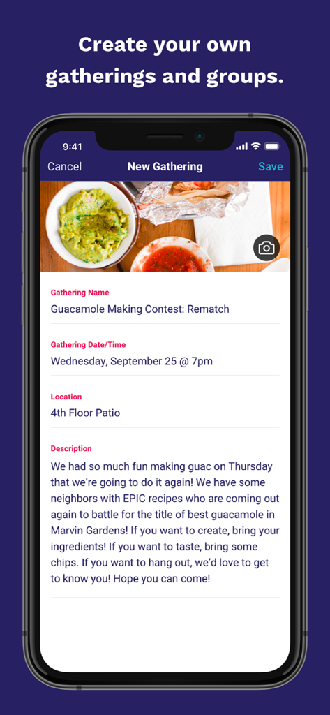 Cobu - Power Genuine Community - Interfaz de la aplicación Cobu mostrando un formulario de Nueva Reunión para un Concurso de Preparación de Guacamole