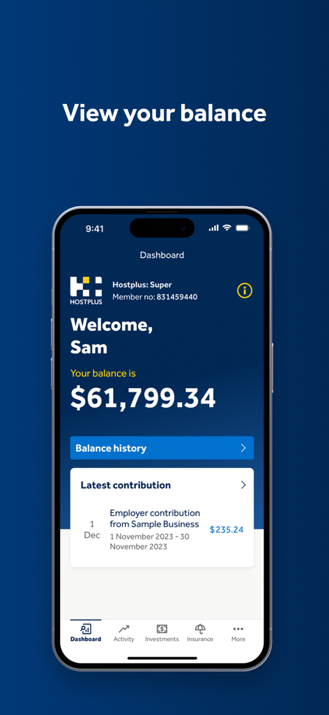 Dashboard do aplicativo móvel Hostplus exibindo um saldo de conta de superannuation e histórico de contribuições mais recentes