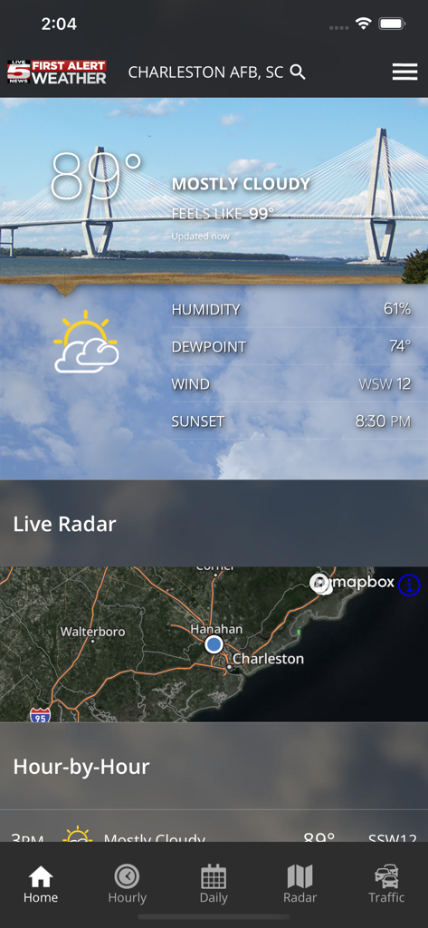 WCSC Live 5 Weather - WCSC Live 5 Weather app interface displaying current temperature and local radar map for Charleston South Carolina.