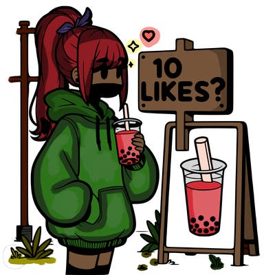 girl with oversized hoodie drinking boba and she has a high ponytail with a sign that says 10likes?