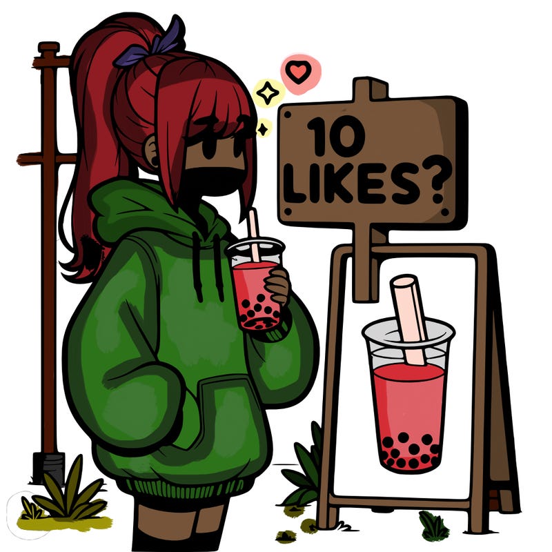 girl with oversized hoodie drinking boba and she has a high ponytail with a sign that says 10likes?