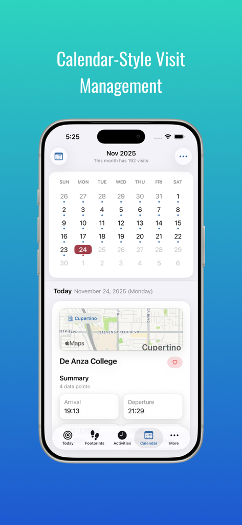 MeTrail - MeTrail app calendar interface showing daily location history and visit logs on an iPhone