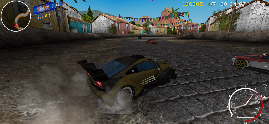 XTrem Racing - A gold supercar drifting on a cobblestone track through a village in XTrem Racing.