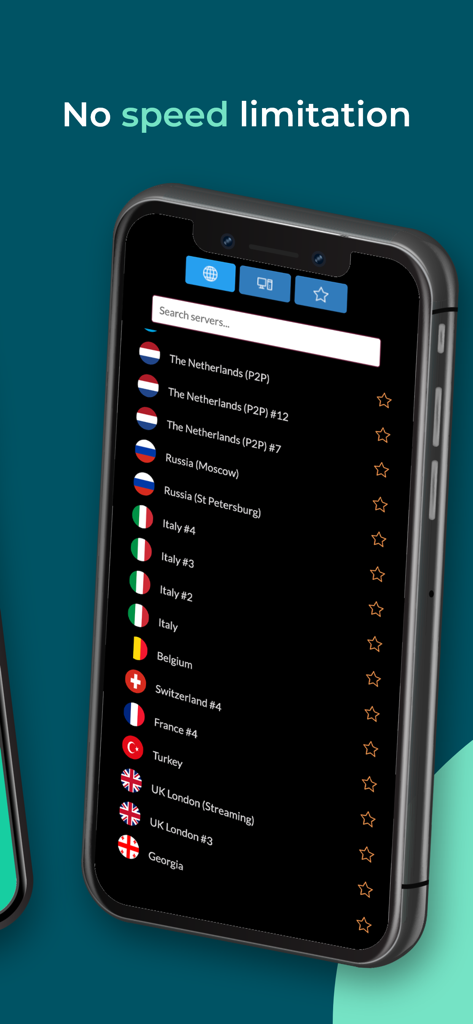 NoCatch VPN: Fast Proxy Speed - NoCatch VPN app interface showing a list of global high speed servers and the text No speed limitation