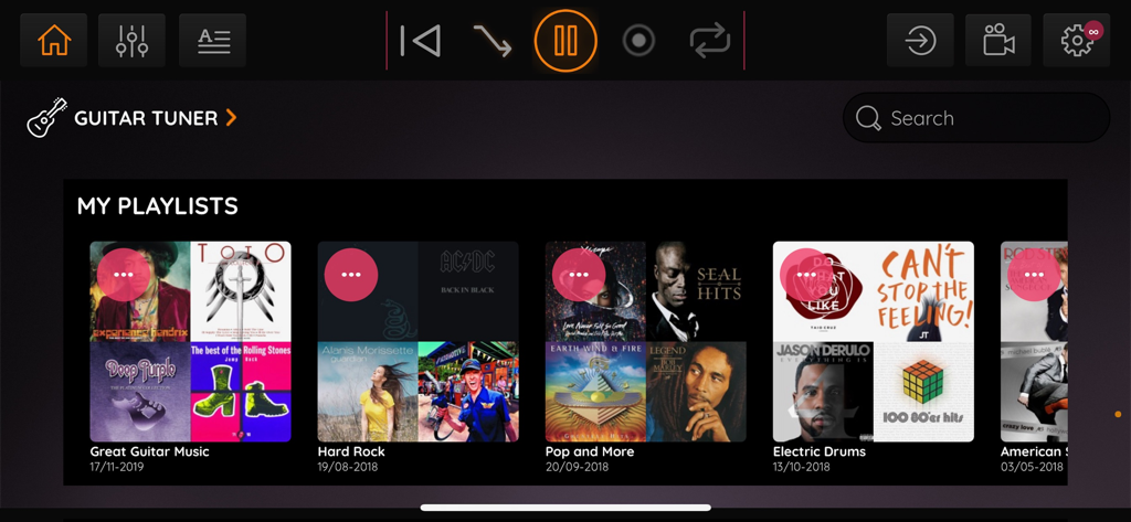 JamFactory - Multitrack Tunes - Dashboard of the JamFactory app displaying music playlists and tuner.