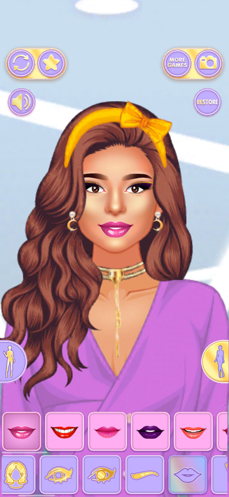 Pastel Sisters Dress Up Games - Character customization screen in Pastel Sisters Dress Up showing makeup and lip options for a girl avatar