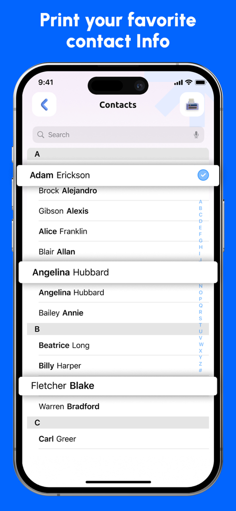 Oberfläche der Smart Printer App, die eine Liste von Telefonkontakten anzeigt, die bereit zum Drucken von einem iPhone sind.