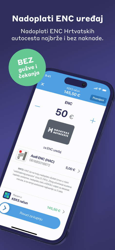 KEKS Pay - Interfaz de la aplicación KEKS Pay que muestra una transacción para recargar un dispositivo de cobro electrónico de peajes para autopistas croatas.