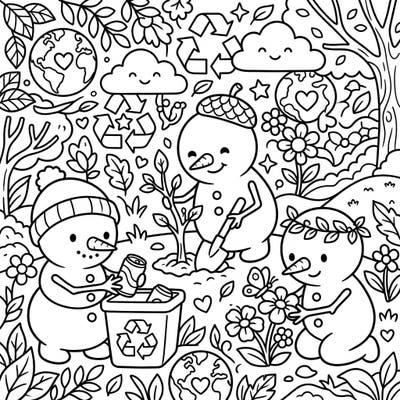 Discover a heartwarming coloring page featuring three cheerful baby snowmen celebrating Earth Day. They're busy planting trees, recycling, and enjoying nature in this eco-friendly scene.