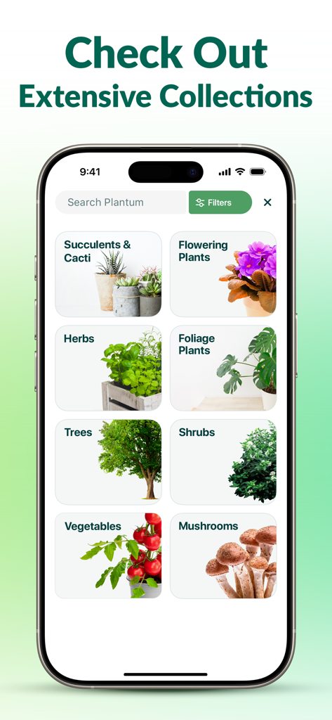 Plantum App-Bildschirm mit verschiedenen Pflanzenkategorien, darunter Sukkulenten, blühende Pflanzen, Kräuter und Bäume