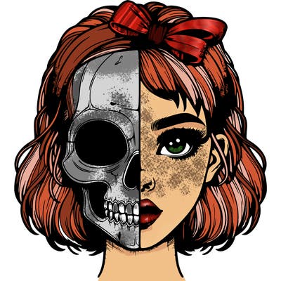 realistic girl with half skull mask