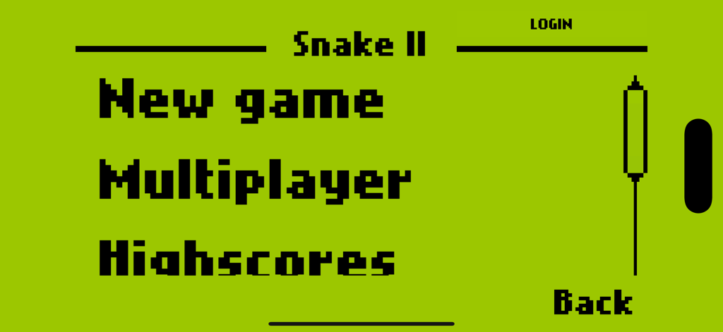Snake II: Classic Mobile Game - Snake II classic mobile game main menu with retro pixelated green screen