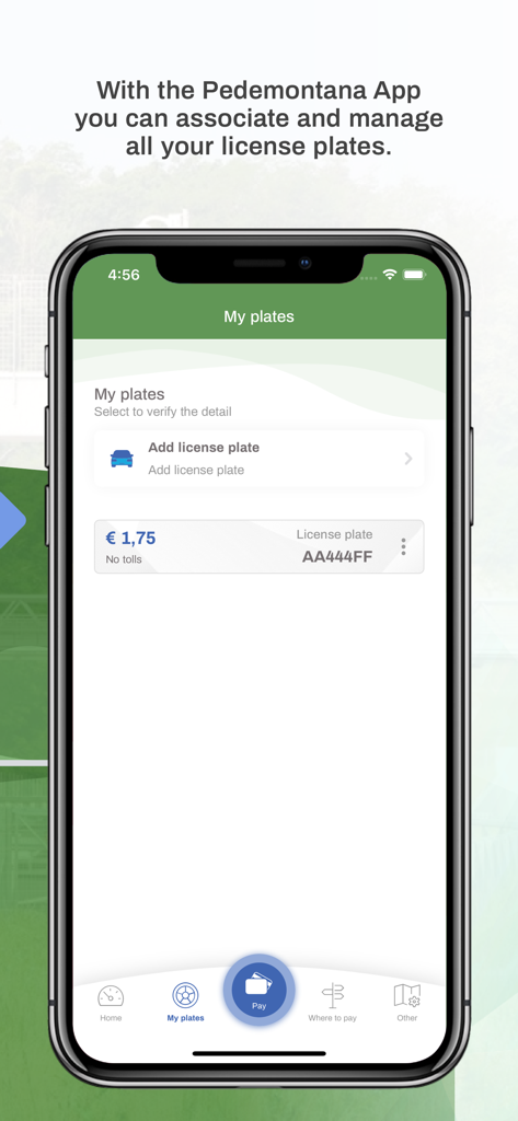 Oberfläche der Pedemontana Lombarda App, die den Bildschirm 'Meine Kennzeichen' zur Verwaltung von Fahrzeugkennzeichen für Mautzahlungen zeigt.