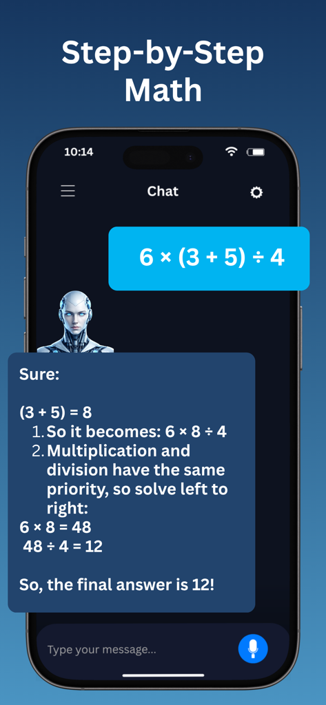 BlueTalk AI - Screenshot of BlueTalk AI app providing a detailed step-by-step solution to a mathematical equation in a chat interface.