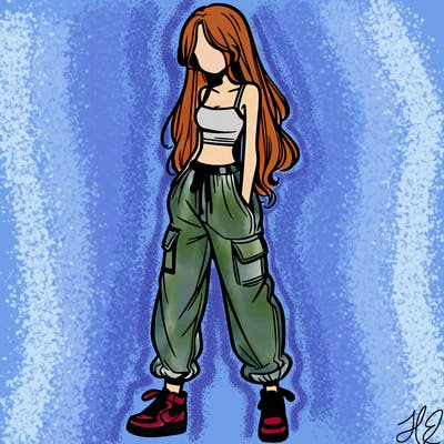 girl in baggy pants crop top and long hair