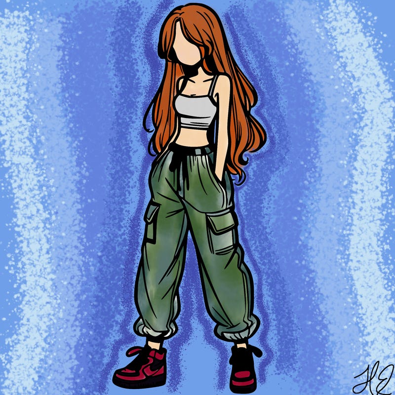 girl in baggy pants crop top and long hair