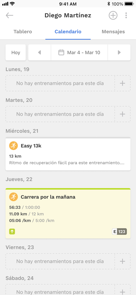 Athlete training calendar in TrainerPlan showing scheduled runs and workout metrics