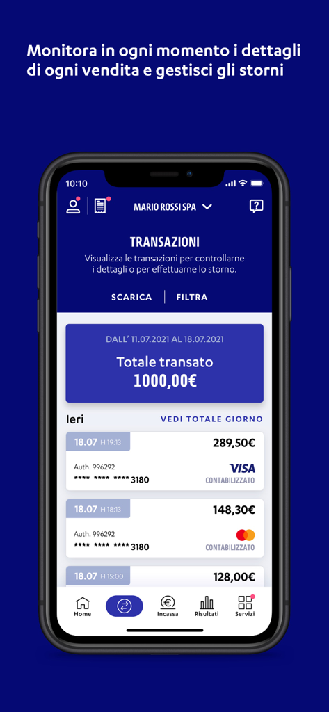 Schermata dello smartphone che mostra la cronologia delle transazioni dell'app Nexi Business e il riepilogo totale delle vendite.