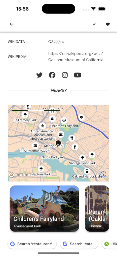 On the way: road trip app - Map showing nearby attractions and points of interest in the On the way road trip app