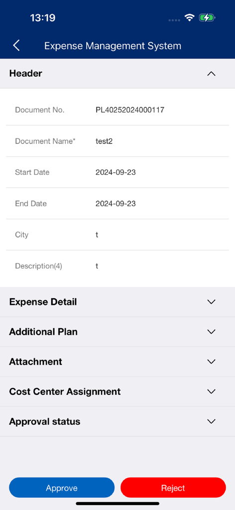 Fresenius - The Fresenius app expense management system interface showing a document header with details and approve or reject buttons.