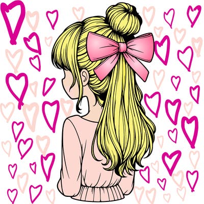 realistic girl  with hip length hair a bun and a big bow on the back of head