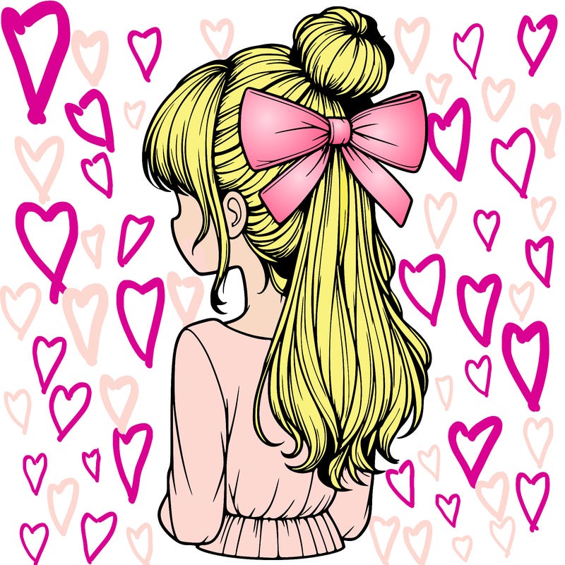 realistic girl  with hip length hair a bun and a big bow on the back of head