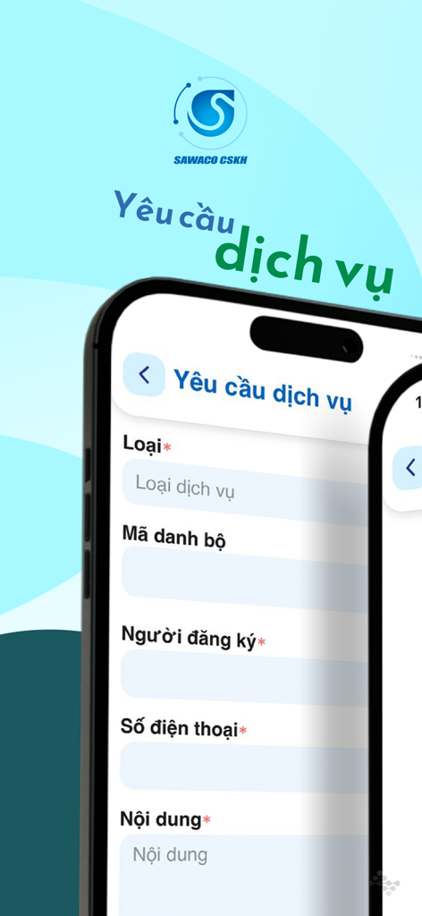 Formulario de solicitud de servicio de la aplicación móvil SAWACO CSKH que muestra campos para información del cliente y solicitudes de servicios públicos