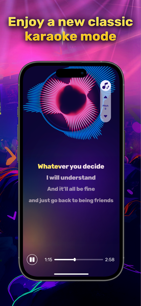 Sing King karaoke app interface showing lyrics and a sound wave on a smartphone screen