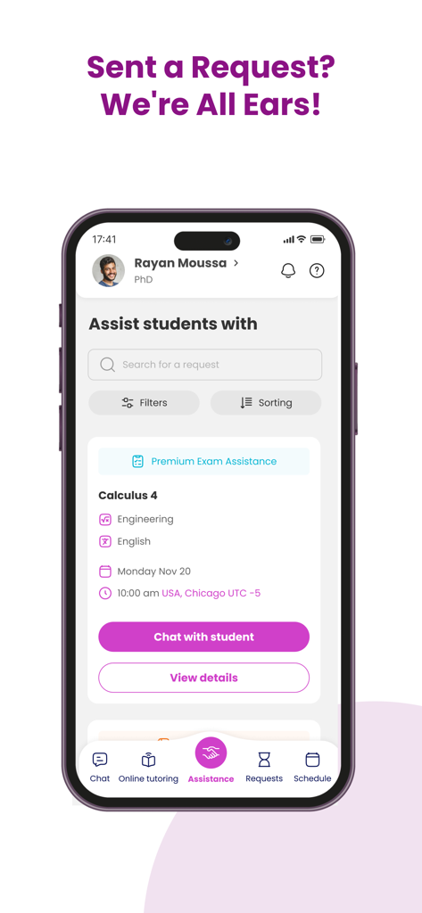 OEG - Find Expert Tutors - Mobile interface of the OEG app showing a student request for Calculus 4 tutoring assistance