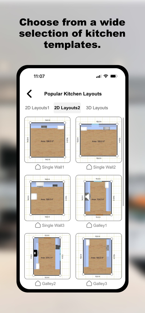 Une collection de modèles de plans d'étage de cuisine 2D comprenant des agencements en ligne droite et des cuisines en longueur dans l'application ARKitchen