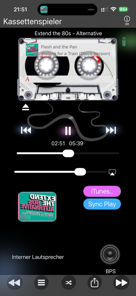 Cassette Player - Skeuomorphic interface of the Cassette Player app featuring a realistic cassette tape and music playback controls