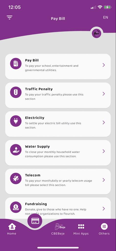 CBEBirr Plus - CBEBirr Plus mobile app interface showing various bill payment options including electricity water supply and telecom