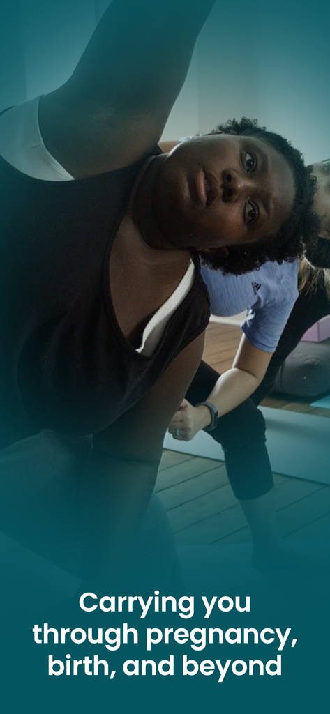 Une femme effectuant un étirement de yoga prénatal avec du texte décrivant le soutien pendant la grossesse et l'accouchement